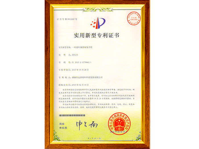 實(shí)用新型專利證書（一種塑料鋼骨架復(fù)合管）